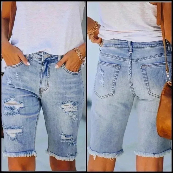 New Indigo Rein Y2K Acid Was Denim Distressed Bermuda Shorts - Picture 1 of 6